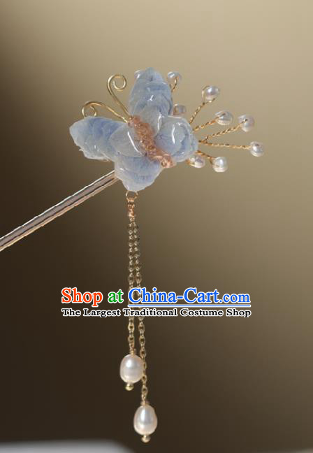 Chinese Cheongsam Light Blue Butterfly Hair Clip Traditional Hanfu Hair Accessories Handmade Pearls Tassel Hairpins for Women