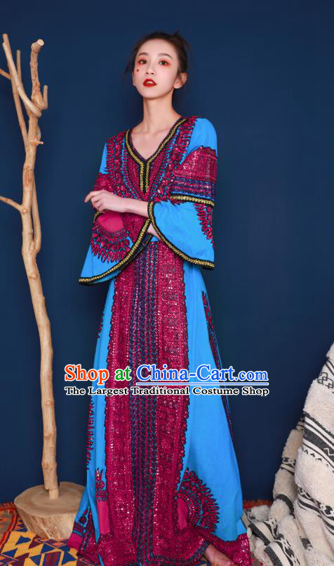 Thailand Traditional Embroidery Beads Blue Dress Photography Informal Costumes for Women