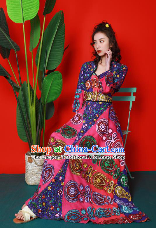 Thailand Traditional Handmade Beading Rosy Dress Photography Asian Indian National Informal Costumes for Women