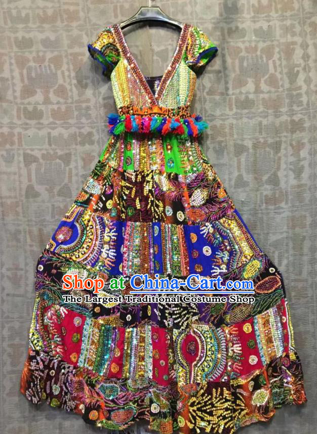 Thailand Traditional Handmade Colorful Sequins Purple Dress Photography Asian Thai National Embroidered Peacock Beach Costumes for Women