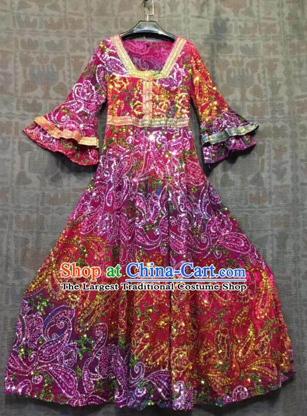 Thailand Traditional Embroidered Beads Amaranth Dress Photography Asian Thai National Beach Dress Sequins Costumes for Women