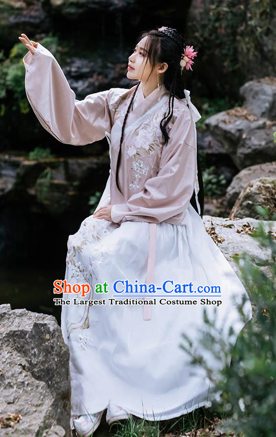 Chinese Ancient Ming Dynasty Costumes Traditional Hanfu Garment Young Lady Embroidered Pink Blouse and Skirt Full Set