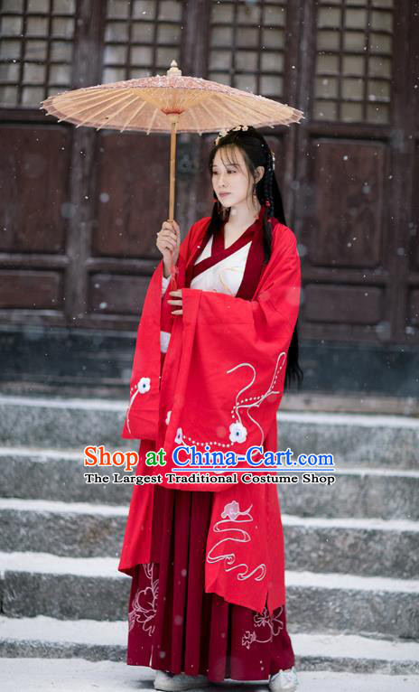 Chinese Ming Dynasty Female Swordsman Costumes Traditional Hanfu Garment Ancient Young Lady Embroidered Red Cloak Blouse and Skirt Full Set