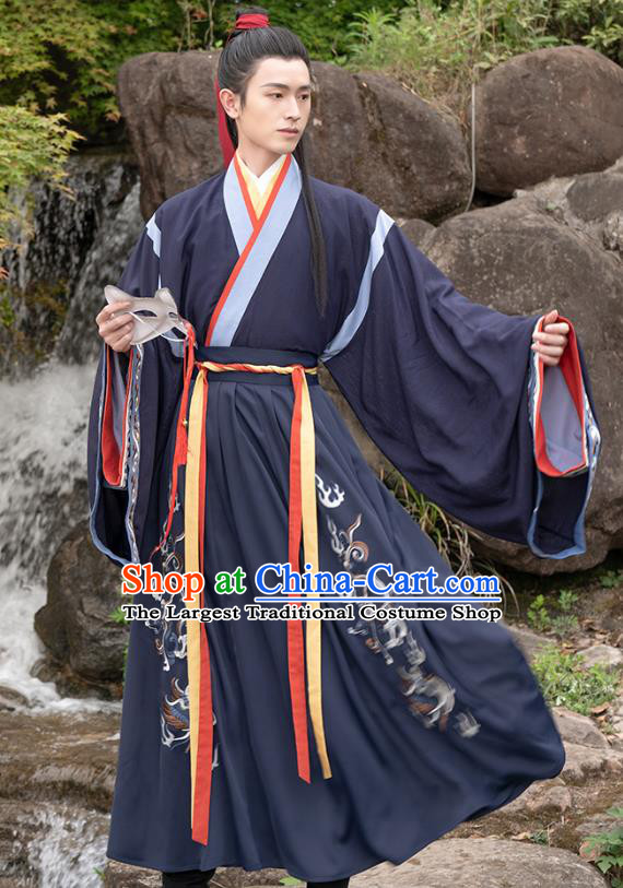 Traditional Chinese Jin Dynasty Swordsman Hanfu Apparels Ancient Young Male Historical Costumes Knight Shirt and Skirt Full Set