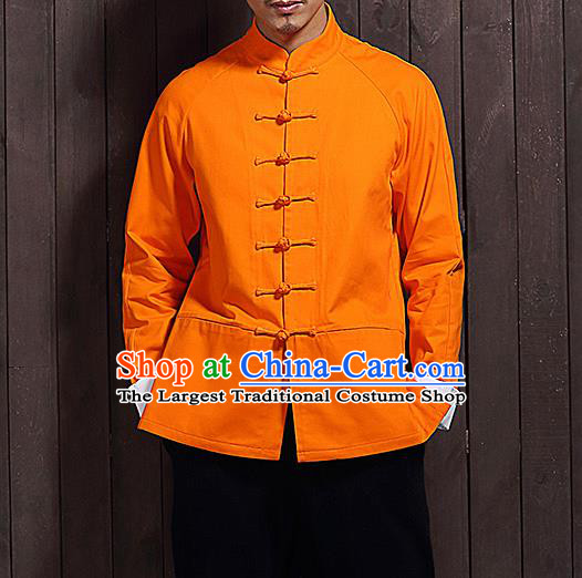 Chinese Traditional Orange Sun Yat Sen Jacket Tang Suit Overcoat Outer Garment Stand Collar Costumes for Men