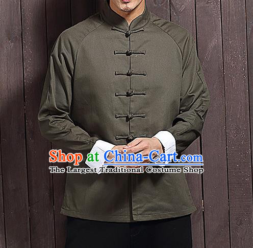 Chinese Traditional Army Green Sun Yat Sen Jacket Tang Suit Overcoat Outer Garment Stand Collar Costumes for Men