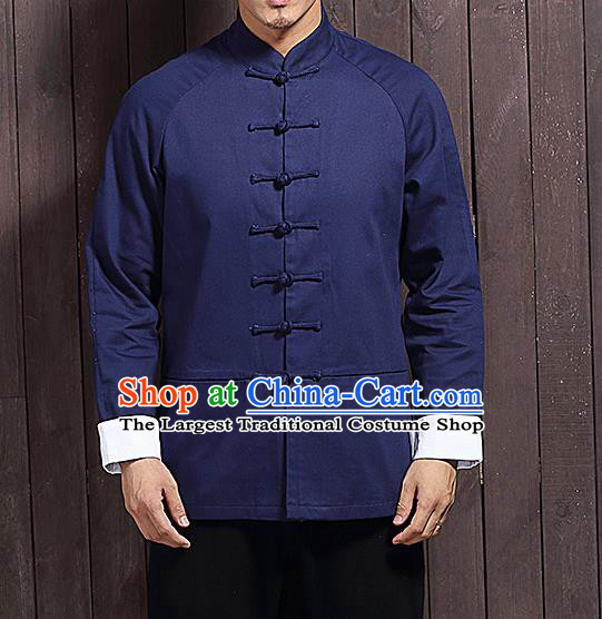 Chinese Traditional Navy Blue Sun Yat Sen Jacket Tang Suit Overcoat Outer Garment Stand Collar Costumes for Men