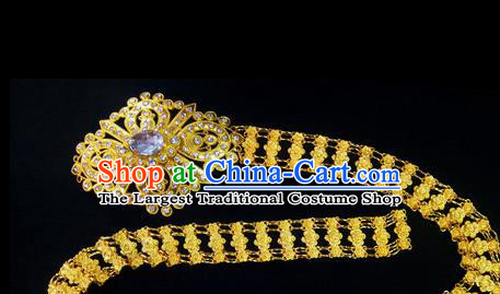 Chinese Dai Nationality Folk Dance Golden Belt Waistband Traditional Ethnic Crystal Waist Accessories for Women