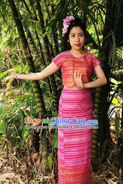 Chinese Dai Nationality Folk Dance Costumes Traditional Dai Ethnic Stage Show Rosy Blouse and Straight Skirt Complete Set