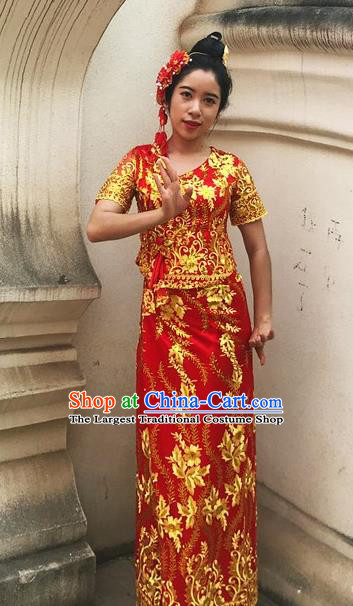 Chinese Dai Nationality Embroidered Outfit Costumes Traditional Dai Ethnic Folk Dance Red Blouse and Straight Skirt Full Set