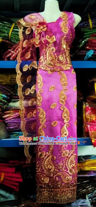 Traditional Chinese Dai Nationality Purple Sleeveless Blouse and Straight Skirt Outfit Dai Ethnic Dance Costumes with Tippet Veil