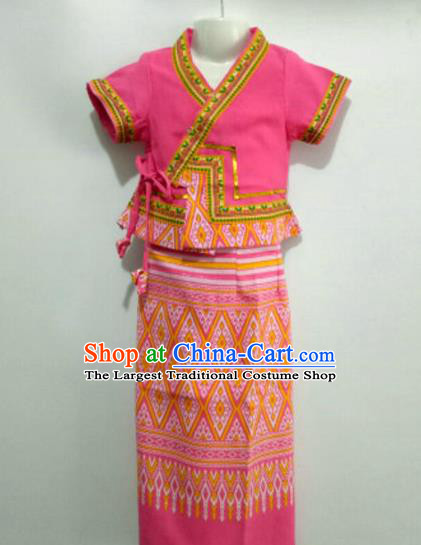 Chinese Dai Nationality Girl Dress Costumes Traditional Dai Ethnic Children Peach Pink Blouse and Straight Skirt for Kids