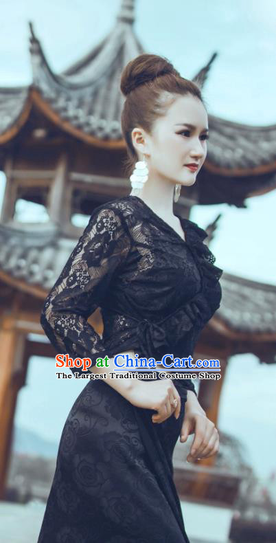 Traditional Chinese Dai Nationality Black Lace Blouse and Straight Skirt Outfit Dai Ethnic Dance Fashion Costumes