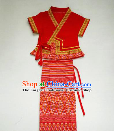 Chinese Traditional Dai Ethnic Children Red Blouse and Straight Skirt Dai Nationality Girl Dress Costumes for Kids