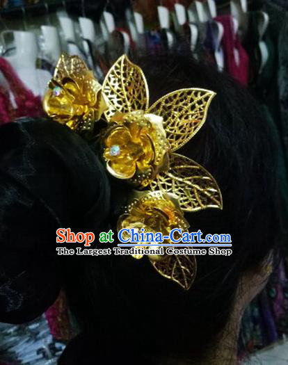 Chinese Dai Nationality Water Sprinkling Festival Hairpin Traditional Ethnic Dance Hair Accessories Handmade Golden Flowers Hair Comb for Women