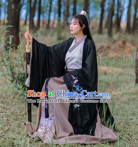 Chinese Jin Dynasty Young Swordsman Costumes Traditional Ancient Scholar Hanfu Garment Embroidered Black Cape Shirt and Skirt Full Set