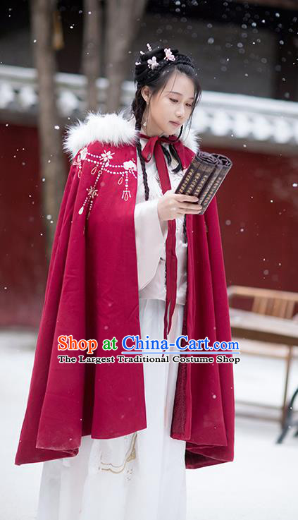 Chinese Ming Dynasty Embroidered Wine Red Cloak Costumes Traditional Ancient Hanfu Garment Winter Woolen Cape for Women