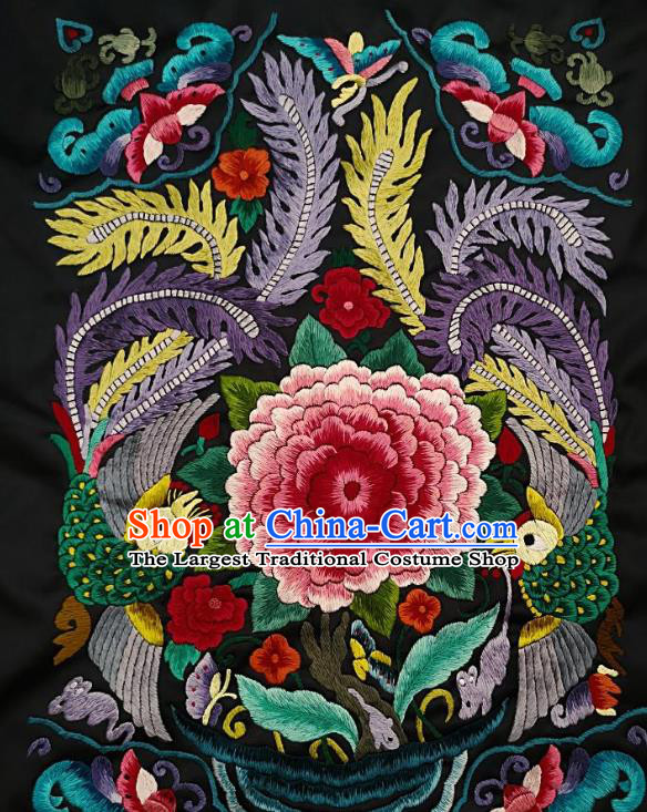 Chinese Traditional Embroidered Red Peony Fabric Patches Handmade Embroidery Craft Miao Ethnic Accessories Embroidering Green Phoenix Applique