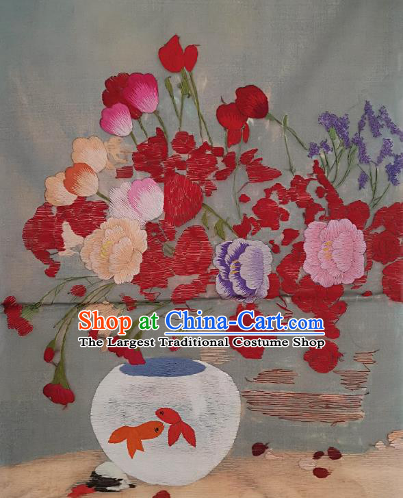 Chinese Traditional Embroidered Colorful Flowers Decorative Painting Handmade Embroidery Craft Embroidering Goldfish Cloth Picture