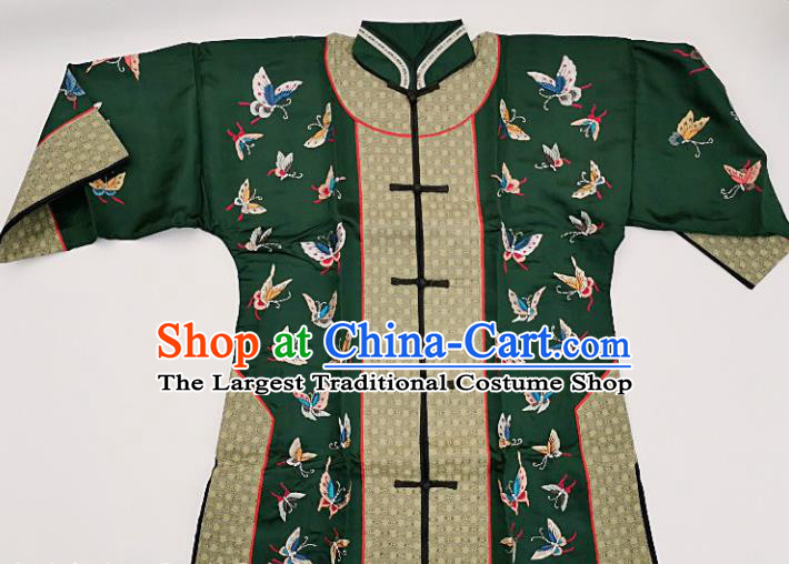 Chinese Traditional Embroidered Butterfly Dark Green Blouse Handmade Embroidery Costume Tang Suit Upper Outer Garment for Women