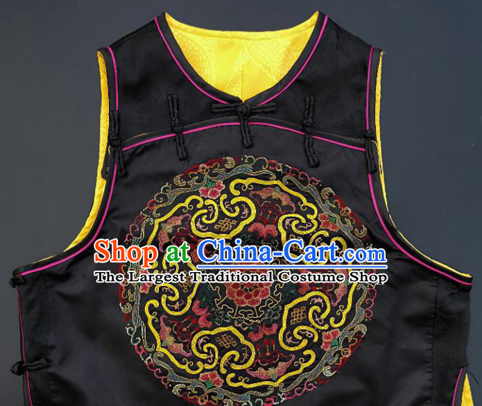 Chinese Traditional Embroidered Bats Vest Handmade Embroidery Costume Tang Suit Black Silk Waistcoat for Adult