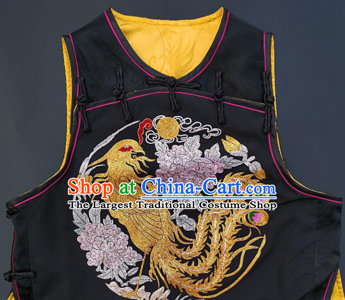 Chinese Traditional Embroidered Phoenix Peony Vest Handmade Embroidery Costume Tang Suit Black Silk Waistcoat for Adult