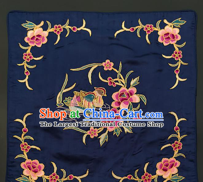 Chinese Traditional Embroidered Purple Peony Mandarin Duck Fabric Patches Handmade Embroidery Craft Embroidering Navy Silk Applique Cushion Accessories