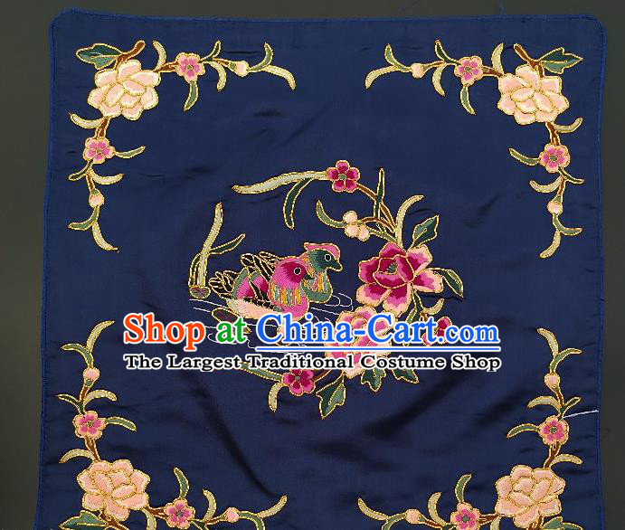 Chinese Traditional Embroidered Peony Mandarin Duck Fabric Patches Handmade Embroidery Craft Embroidering Navy Silk Applique Cushion Accessories