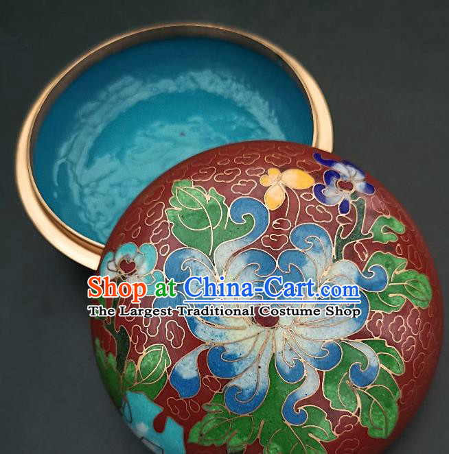 Chinese Traditional Cloisonne Chrysanthemum Pattern Rouge Box Handmade Brass Craft Enamel Red Inkpad Box Accessories