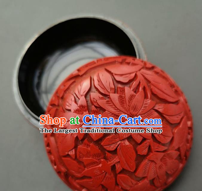 Chinese Traditional Handmade Carving Lotus Rouge Box Red Lacquerware Craft Inkpad Box