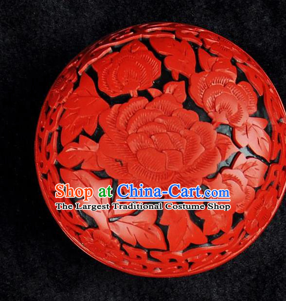 Chinese Traditional Handmade Carving Peony Rouge Box Red Lacquerware Craft Inkpad Box