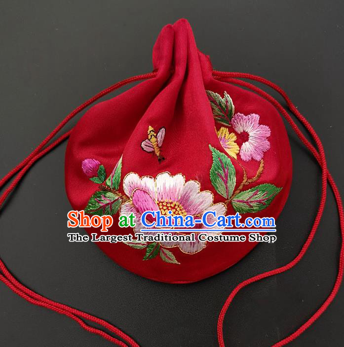 Chinese Traditional Handmade Embroidered Peony Red Silk Sachet Perfumed Silk Bag