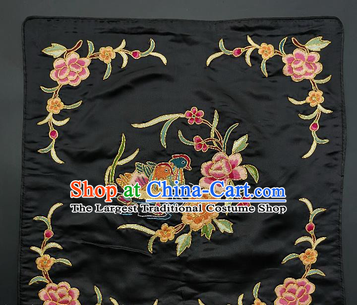 Chinese Traditional Embroidered Rosy Peony Mandarin Duck Cushion Fabric Handmade Embroidery Craft Embroidering Black Silk Applique