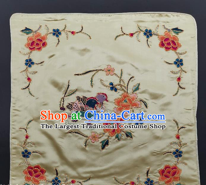 Chinese Traditional Embroidered Orange Peony Mandarin Duck Cushion Fabric Handmade Embroidery Craft Embroidering White Silk Pillowslip Applique