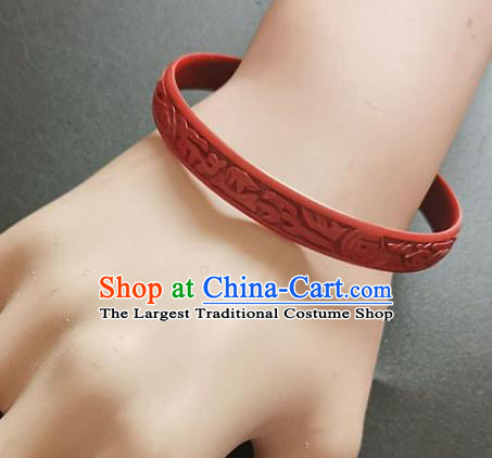 Chinese Traditional Handmade Carving Fish Dragon Craft Red Lacquerware Bracelet Accessories