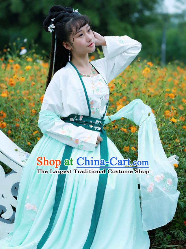 Chinese Tang Dynasty Village Girl Embroidered Costumes Traditional Ancient Young Lady Hanfu Garment Blouse and Skirt Full Set