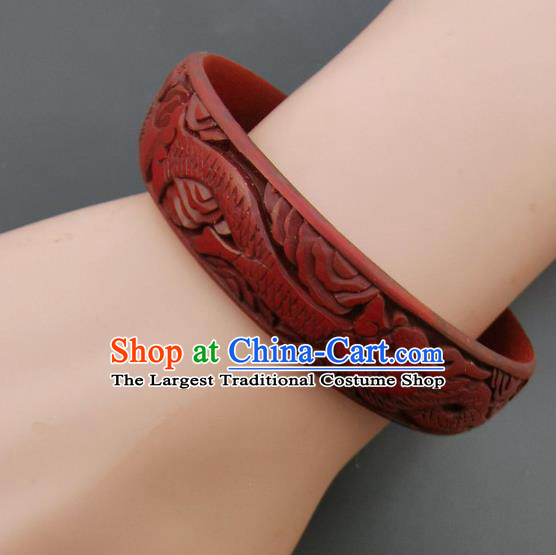 Chinese Handmade Carving Dragonfish Lacquer Bracelet Traditional Lacquerware Craft Red Bangle Accessories