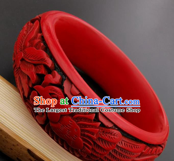 Chinese Handmade Carving Phoenix Lacquer Bracelet Traditional Lacquerware Craft Wedding Red Bangle Accessories