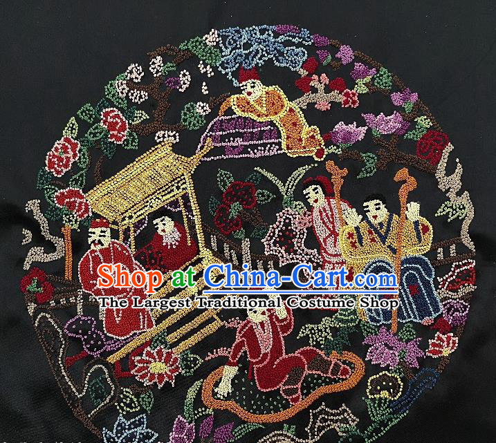 Chinese Traditional Embroidered Character Painting Handmade Embroidery Craft Embroidering Black Silk Decorative Picture