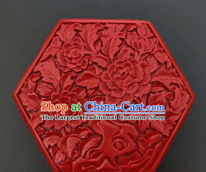 Chinese Handmade Carving Peony Lacquer Hexagon Inkpad Box Traditional Lacquerware Craft Wedding Red Rouge Box