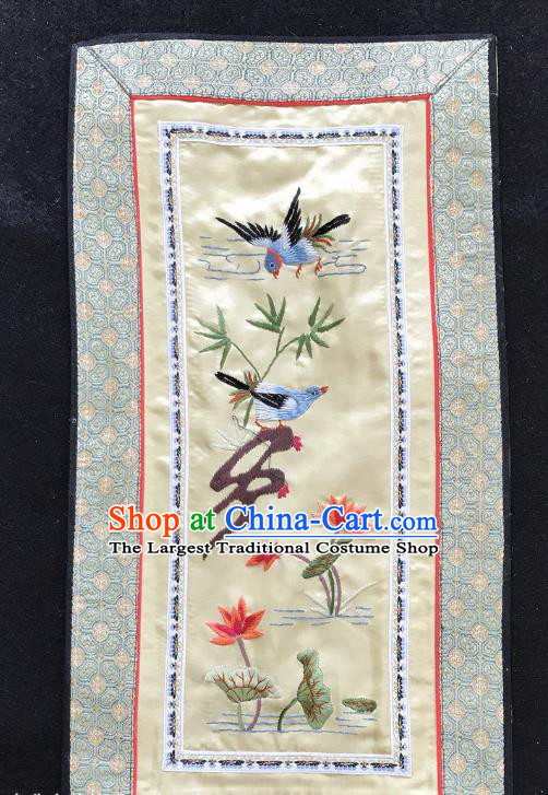 Chinese National Embroidered Lotus Birds Paintings Traditional Handmade Embroidery Decorative Light Yellow Silk Picture Craft