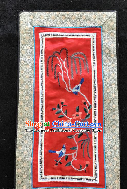 Chinese National Embroidered Willow Bird Paintings Traditional Handmade Embroidery Decorative Red Silk Picture Craft