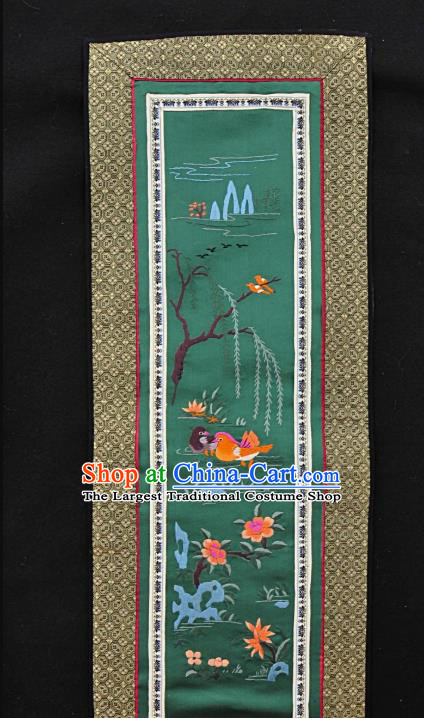 Chinese National Embroidered Orange Mandarin Duck Green Silk Painting Traditional Handmade Embroidery Craft Embroidering Decorative Wall Picture