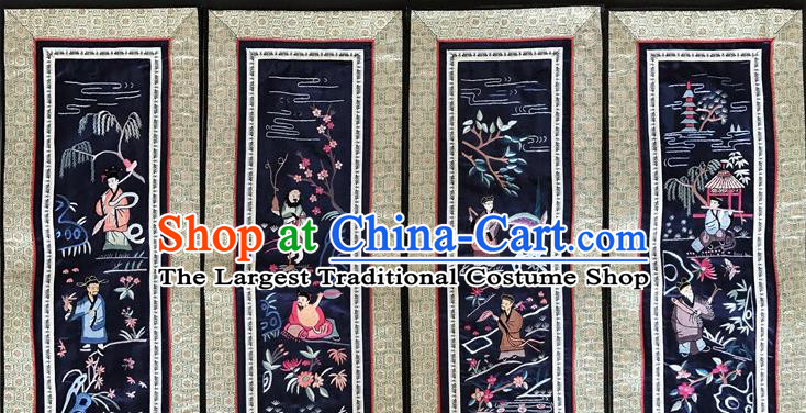 Chinese National Embroidered Eight Immortals Navy Silk Painting Traditional Handmade Embroidery Craft Folding Screen Decorative Picture