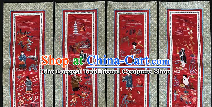 Chinese National Embroidered Eight Immortals Red Silk Painting Traditional Handmade Embroidery Craft Folding Screen Decorative Picture