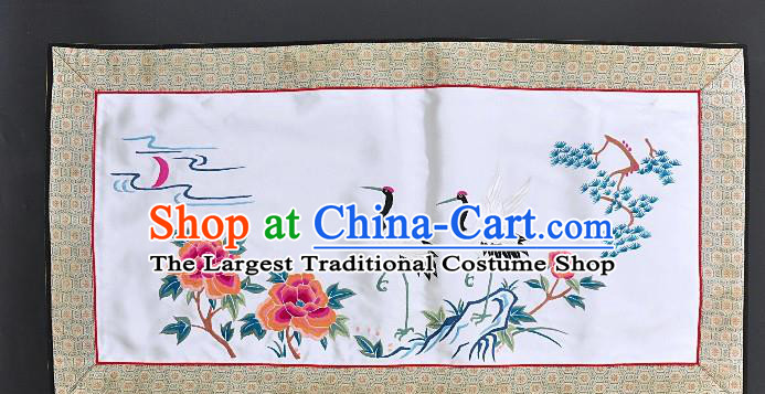 Chinese National Embroidered Crane Peony White Silk Paintings Traditional Handmade Embroidery Craft Decorative Wall Picture