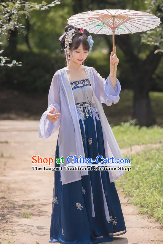 Chinese Song Dynasty Village Girl Costumes Traditional Ancient Country Female Hanfu Garment BeiZi Top and Skirt Full Set