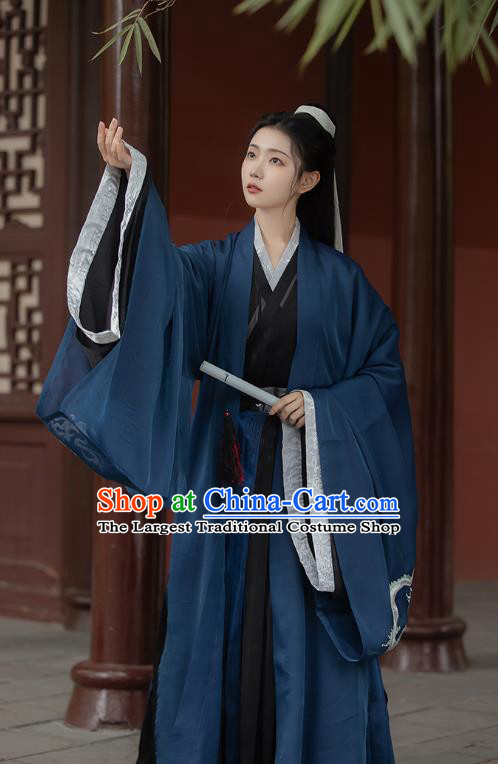 Chinese Jin Dynasty Scholar Childe Costumes Traditional Ancient Swordsman Hanfu Garment Navy Cloak Shirt and Skirt for Men