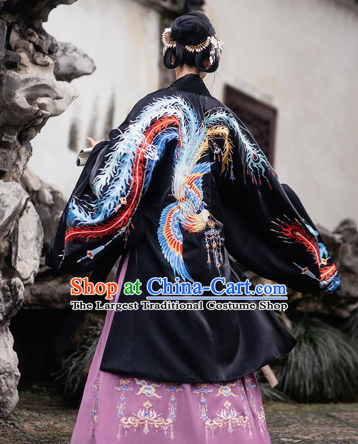 Chinese Ming Dynasty Empress Costumes Traditional Ancient Royal Queen Garment Hanfu Embroidered Black Cloak Blouse and Skirt Complete Set