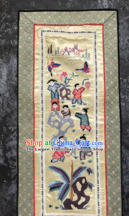 Chinese National Embroidered Boys Beige Silk Paintings Traditional Handmade Embroidery Decorative Picture Craft